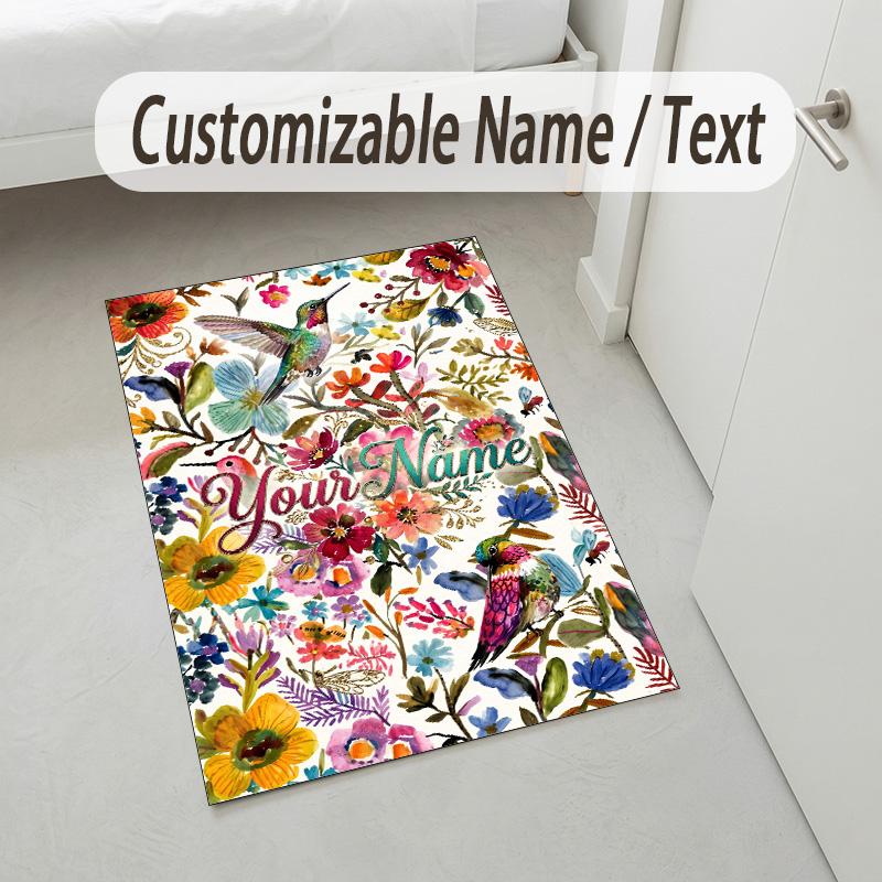 Hummingbirds Floral Theme Soft Crystal Velvet Rug Custom Name & Text Print Non Slip Floor Rug for Bedroom Living Room