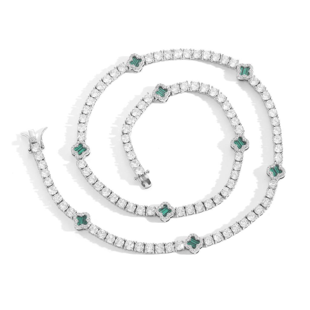 BES 4mm Iced Out 5A CZ Tennis Chain Red Four Leaf Clover Necklace Hip Hop Lucky Jewelry for Women Men