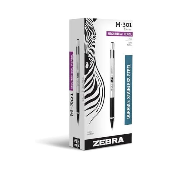 Механический карандаш Zebra Pen M-301, Корпус из нержавеющей стали, Средний стержень 0,7 мм, Черная рукоятка, Выдвижной