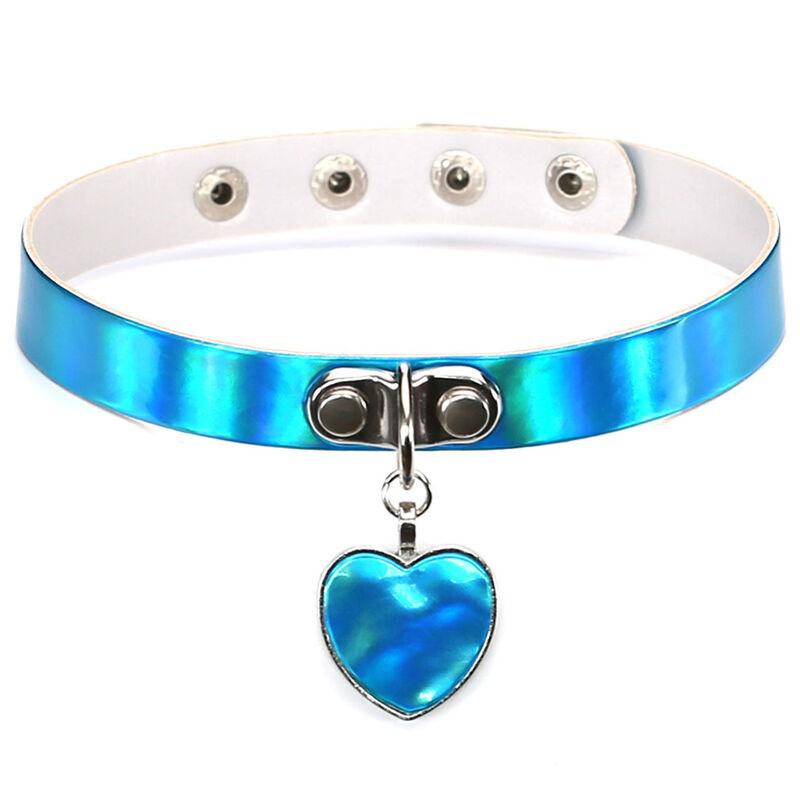 Fashion Holographic Choker Punk Laser Heart Pendant Collar Necklace Rivet Buckle