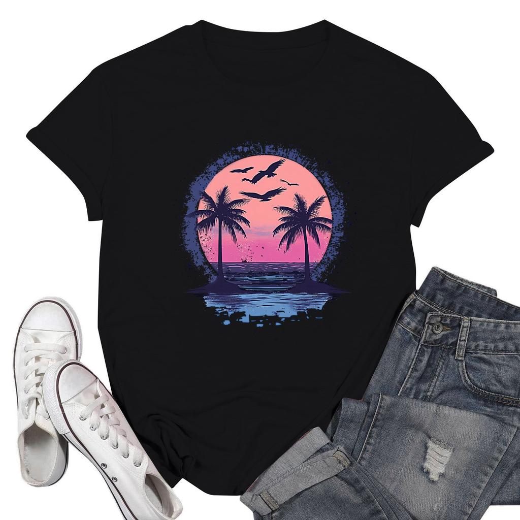 Women's Fashion Casual Printed Short Sleeve Round Neck Pullover Tops