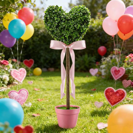 1/2Pcs Artificial Heart Topiary Tree Love Heart Topiary Stake with Rainbow Bow Indoor Outdoor Garden Porch Faux Shrubs Plants Decoration