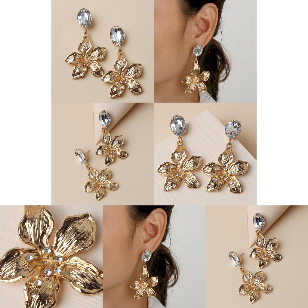 Metallic Gold Flower Earrings With Decorative Stones For Womens Fashion And Celebration