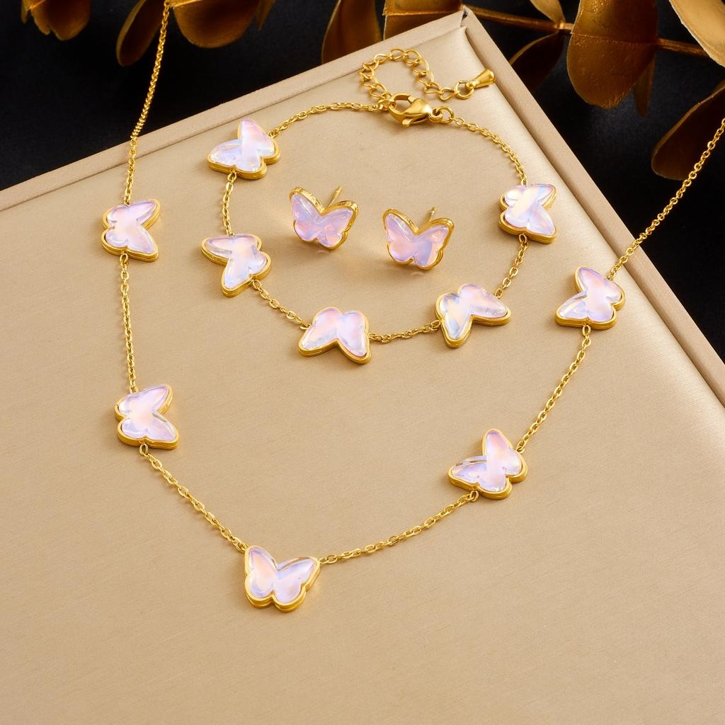 DIEYURO 316L Stainless Steel Pink Purple Crystal Inlay Romantic Butterfly Necklace Earrings Bracelet Set Lady Waterproof Jewelry