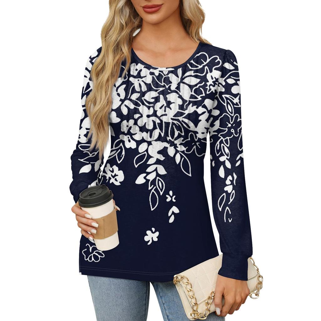 Women's Casual Top Gradient Printed Round Neck Long Sleeved Pleated T-shirt