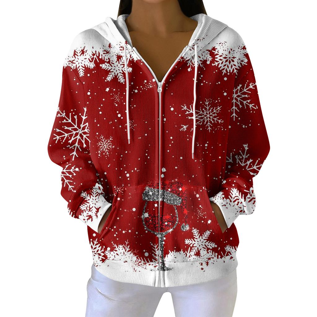 Женская повседневная модная вязаная толстовка с длинными рукавами и застежкой-молнией, с рождественским принтом