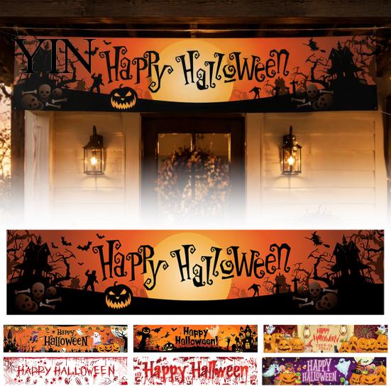 Spooky Backdrop for Home Large Happy Halloween Banner Outside, 70 x 15 Inch Yard Sign Reusable Flag, Welcome Garden Fence Party Decoration Front Porch