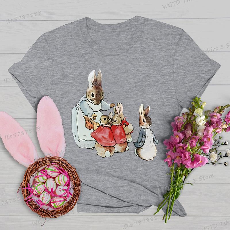 Retro Easter Bunny Tshirts Women Easter Bunny Shirt Gift for Women Vintage Easter Rabbit Tees Crew Neck Short Sleeve Tshirt