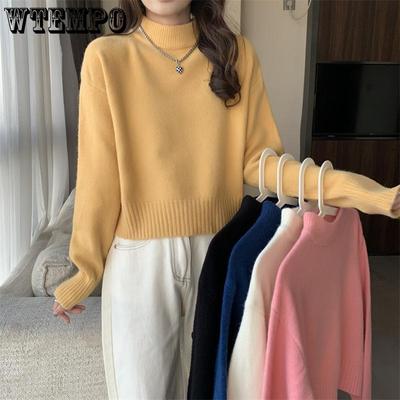 Женский пуловер на осень и зиму, толстый базовый вязаный свитер с полувысоким воротником, короткий теплый топ