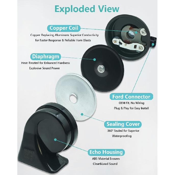 Car Horn Kit For Ford Chevrolet Tesla Jeep Ram GMC,12V Loud Waterproof Auto Horn, High Low Dual Tone 126Decibel, Replacement For Ford (1 Connector)