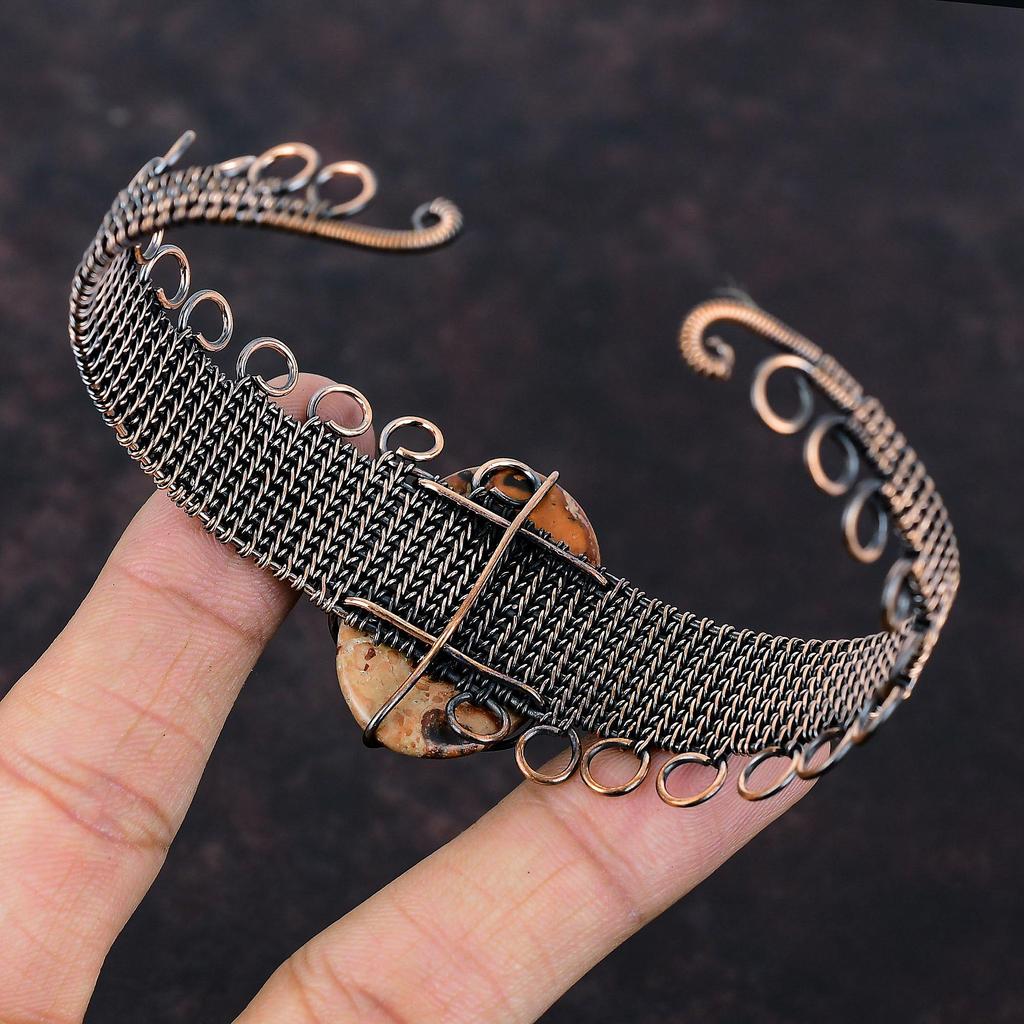 Астероид Яшма Браслет-манжета из меди с обмоткой из медной проволоки, браслет-манжета с драгоценным камнем, ювелирные изделия ручной работы с обмоткой из проволоки, регулируемый браслет-манжета, медные украшения, подарок для женщин