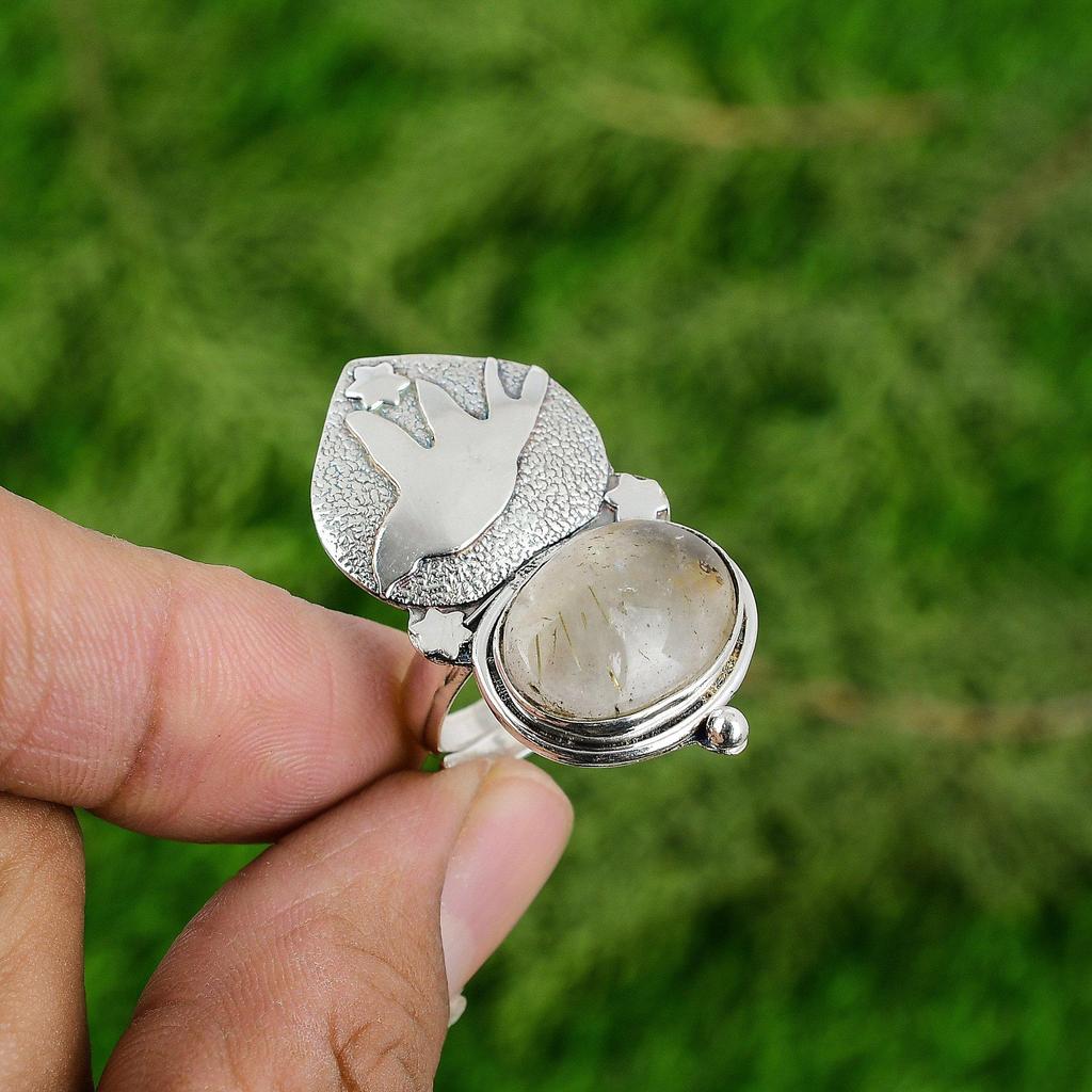 Womens Day Deal Golden Rutile Gemstone 925 Sterling Silver Bird Statement Ring