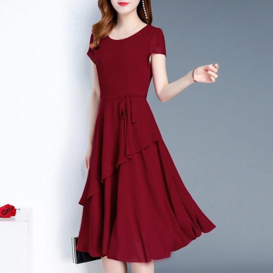Женское платье миди с круглым вырезом и коротким рукавом, элегантное платье с многослойным подолом и шнуровкой, платье миди трапециевидной формы, уличная одежда