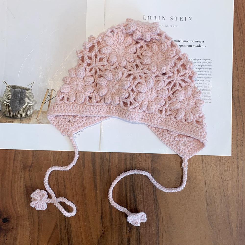 Crochet Beret Cap Hollow Flower Skullies Hat Breathable Princess Cap  for Child Girls