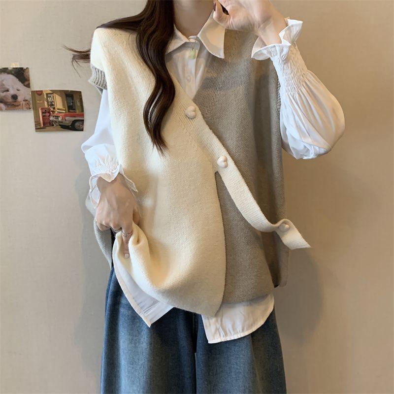 Весна и осень контрастный цветной свитер жилет с вышивкой для женщин дизайн нерегулярный свободный и тонкий безрукавный трикотажный жилет женский
