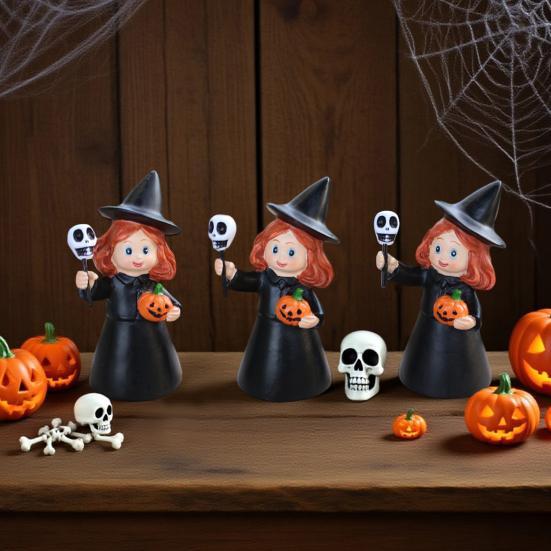 3Pcs Halloween Witch Figurine Holding Skull Pumpkin Cartoon Witch Resin Statue Sculpture Home Office Holiday Party Decoration Ornament