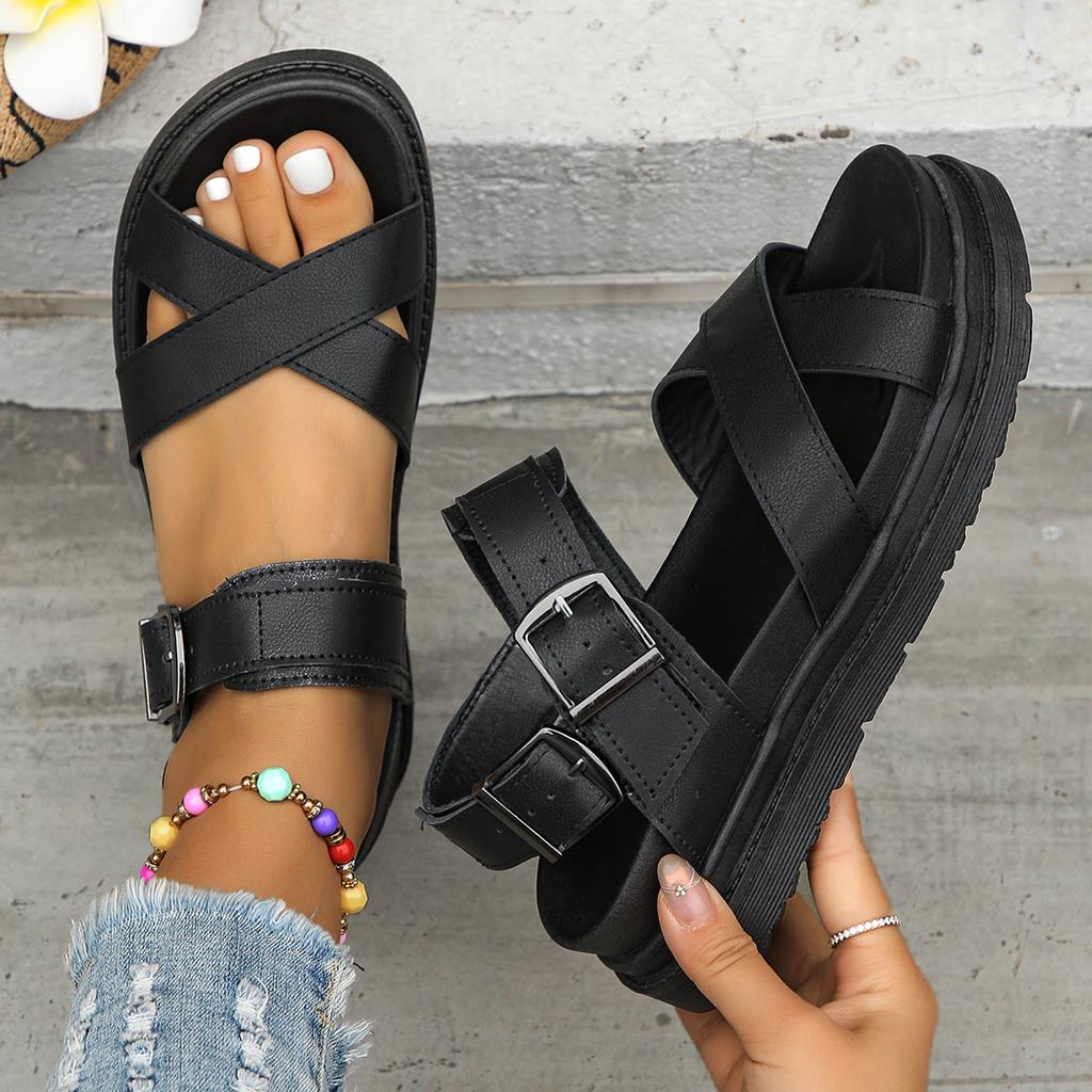 PU Leather Platform Sandals for Women 2025 Summer Comfy Non Slip Beach Shoes Woman Thick Sole Buckle Strap Black Sandalias Mujer