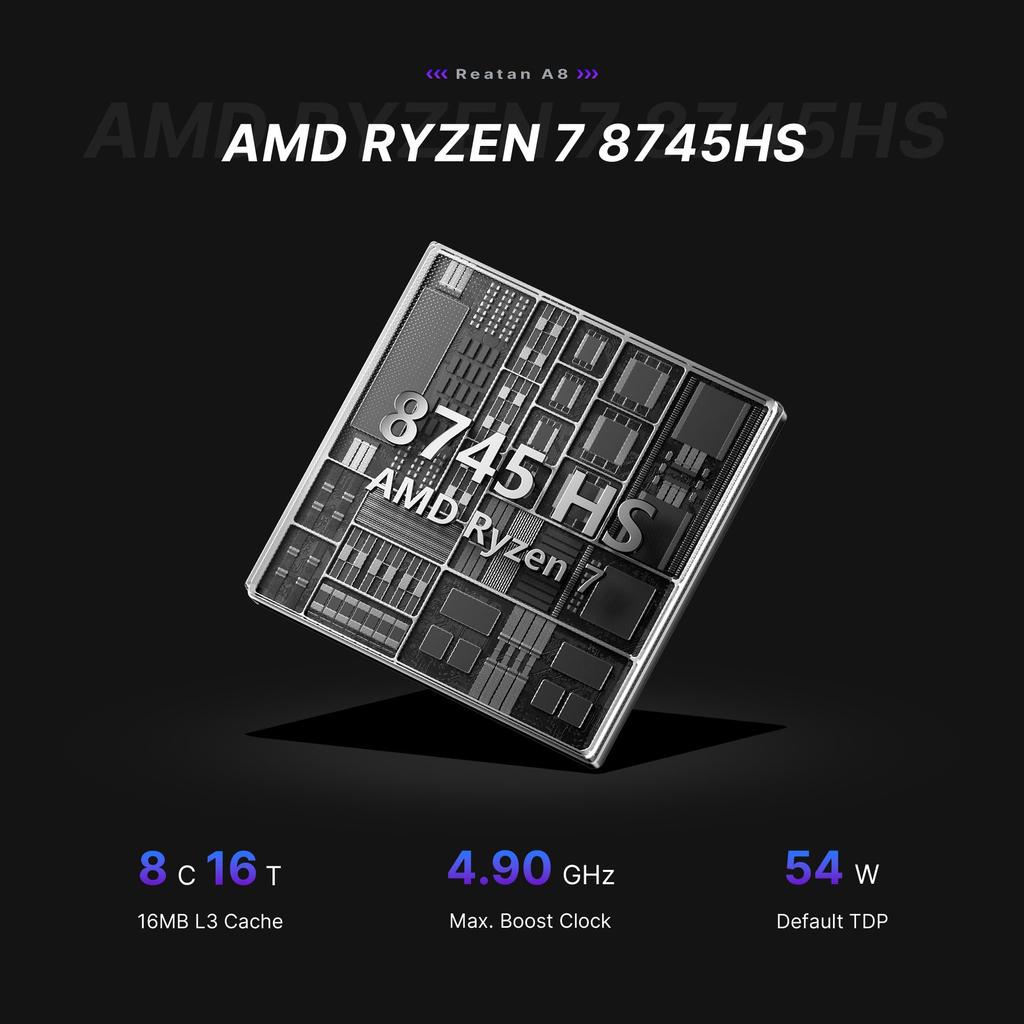 Reatan Mini Gaming PC with AMD Ryzen 7 8745HS A8 to 32GB DDR5 1TB PCIe 4K Triple 8C/6T (up 4.9GHz), RAM, 4.0 SSD, Display, USB/DP/HDMI/2.5G LAN/WiFi