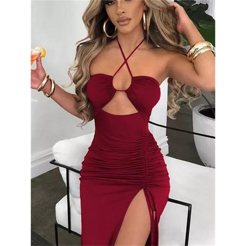 Hollow Out Drawstring Dress Women Sleeveless Backless High Split Elegant Ruched Dress Vestidos Partywear Robe Sexy Femme