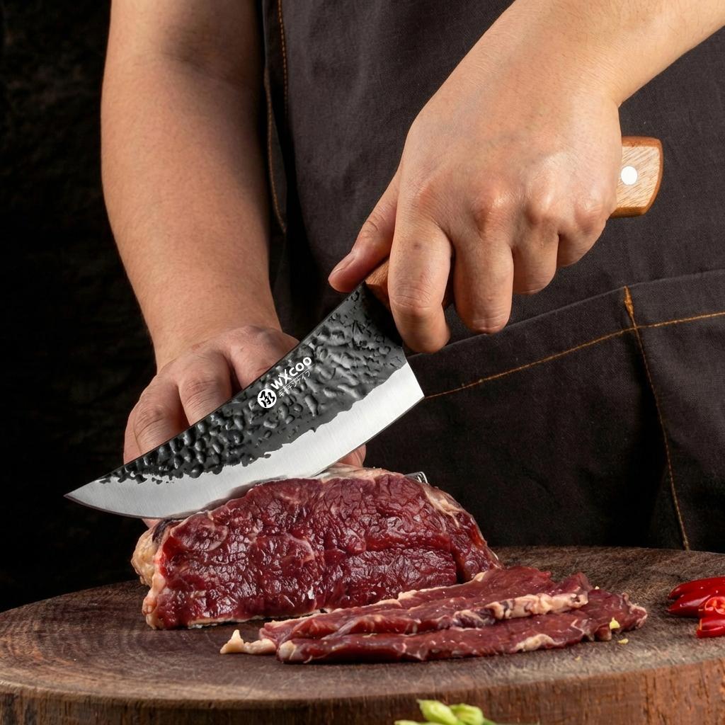Профессиональный нож для разделки мяса из нержавеющей стали с чеканной отделкой и эргономичной деревянной ручкой