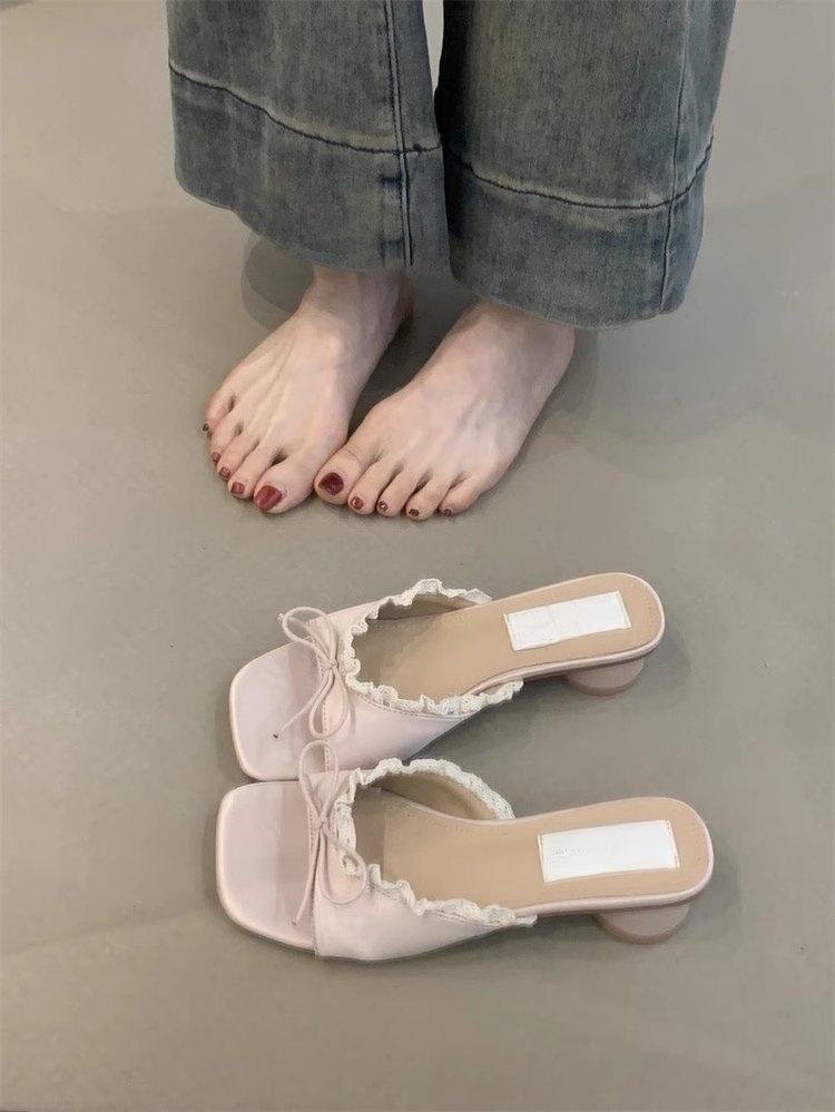 Ретро бант однословные тапочки женские носят толстый каблук крутые тапочки