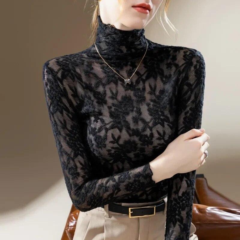 Long Sleeve Crocheted Simple Lace Shirt Women Fashion Turtleneck Woman Blouse Ladies Elegant Female Slim Fit Tops 30272