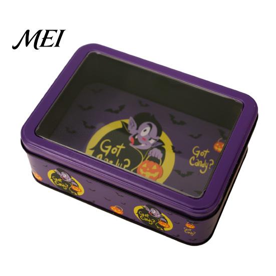 Halloween Candy Tin Boxes Box with Clear Lid, Witch Pumpkin Ghost Window Metal Cases Storage Container for Cookies Snacks, Festive Decorative