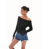 Discoglam Classic Versatile Cold-Shoulder Sweater Black Silm Slim Looking off-Shoulder Knitting Tops Female Spring & Fall