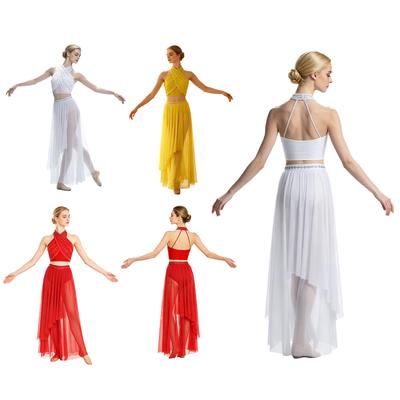 Womens Lyrical Dance Outfit Halter Backless Rhinestones Crop Top Irregular Overlay Mesh Pants