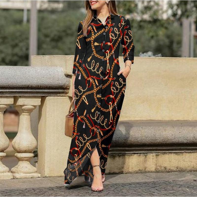 GMXIA Женская мода лето весна сплошной цвет печати с длинным рукавом ПОЛО шеи свободные повседневные платья на пуговицах