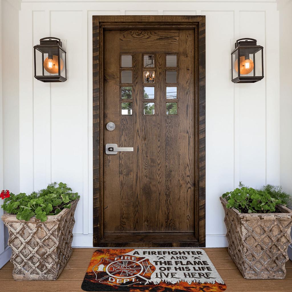 A Firefighter And The Flame Of His Life Live Here Doormat Anti-Slip Entrance Kitchen Door Floor Mat Toilet Rug Carpet Footpad