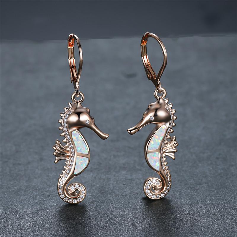 Cute Female Sea Horse Hoop Earring White Blue Opal Stone Animal Jewelry Rose Gold Color Wedding Earrings For Women