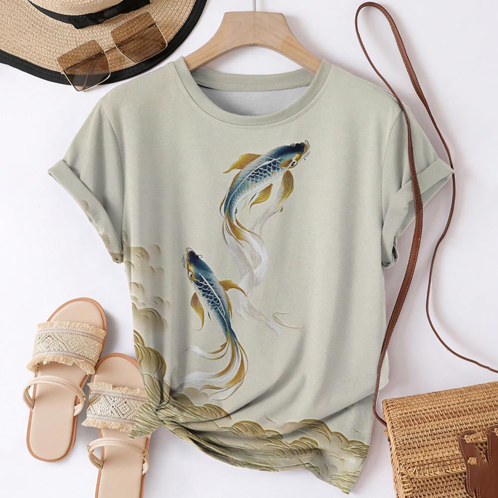 Футболки с 3D-принтом «Рыба кои» для женщин, уличная одежда, повседневная мода, Harajuku Y2k, футболка с коротким рукавом, футболки с круглым вырезом, топы, одежда