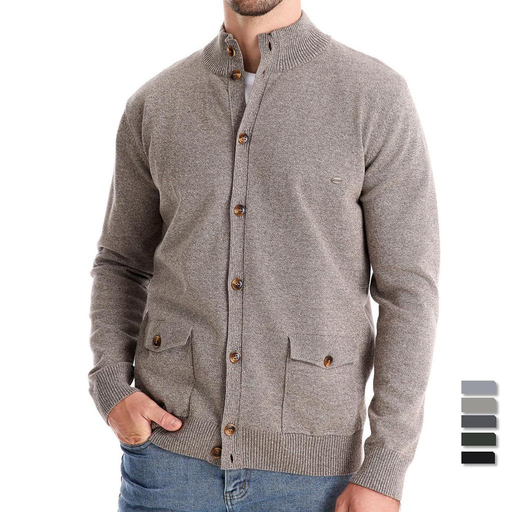 European and American Style Men's Spring Autumn Cardigan Casual Solid Stand Collar Sweater with Pockets