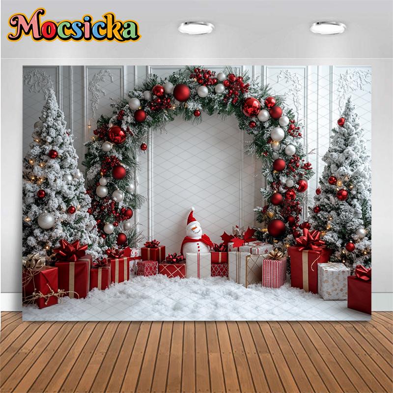 Mocsicka Christmas Tree Photography Backdrop Snowman White Wall Home Gifts Decor Children Family Holiday Party Background Banner
