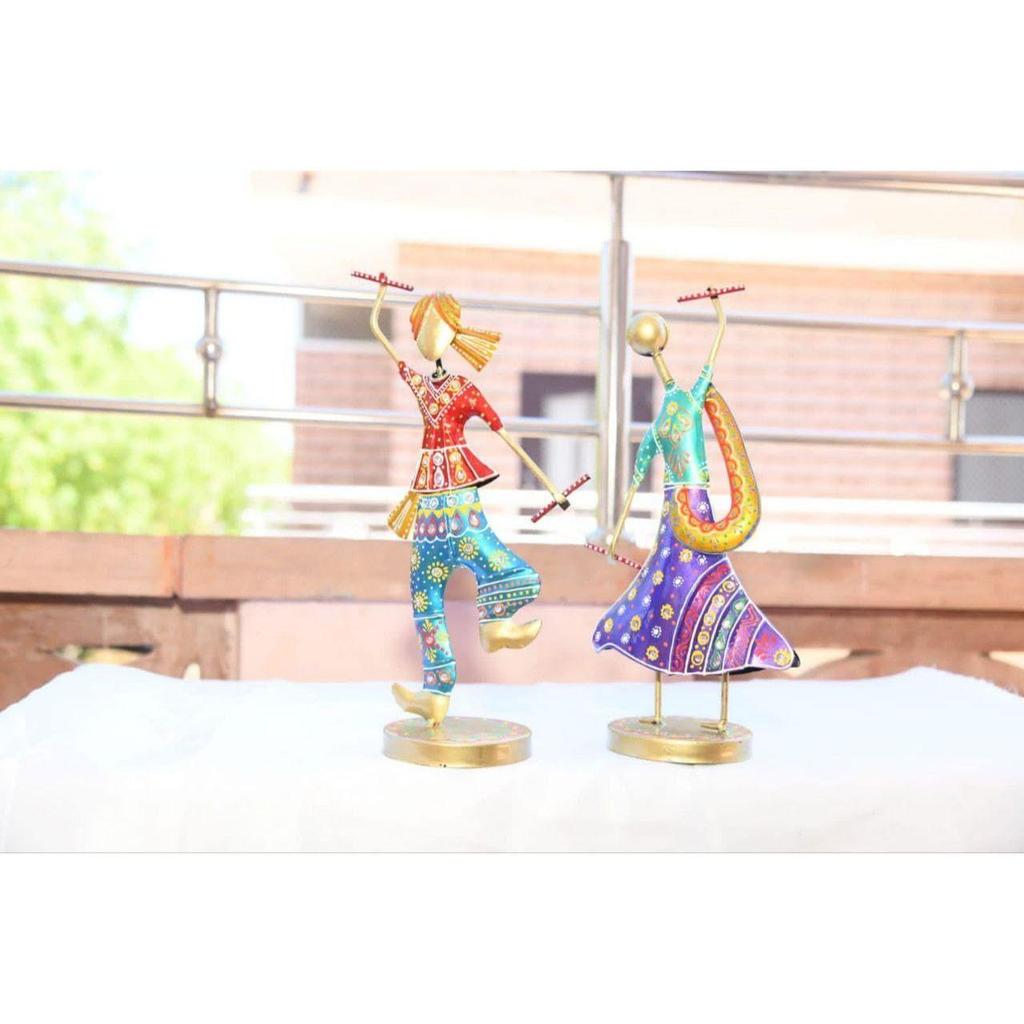 Handmade Handpainted Playing Dandia Couple Rajasthani Handicraft Wrought Iron Emboss Painted Decorative Showpiece Multicolor 12.5 Inch Height, Fantasy