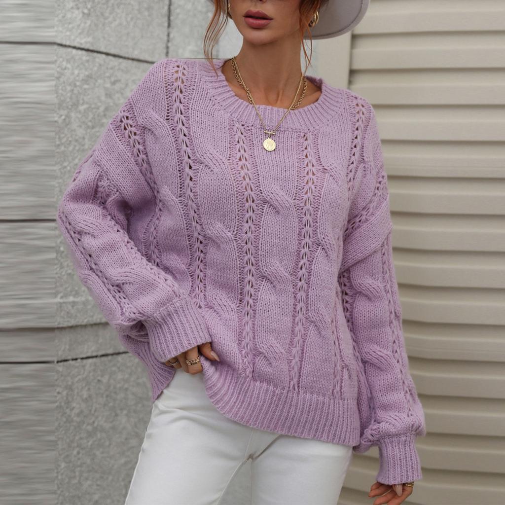 Женский И Зимний Однотонный Вязаный Свитер-Пуловер с Круглым Вырезом и Длинным Рукавом