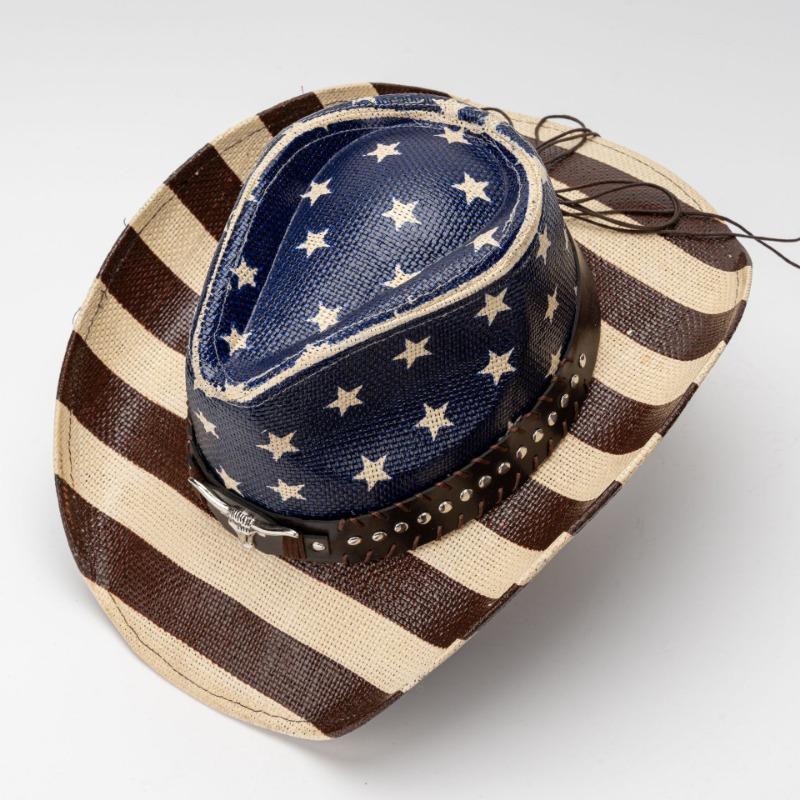 Unisex Vintage American Flag Print Woven Straw Cowboy Hat With Bull Head Rivet Band