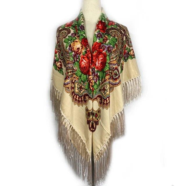 Женский большой квадратный шарф в русском стиле, шаль в стиле ретро, ​​хлопковые шарфы с бахромой и принтом, хиджаб, этнические шали, бандана