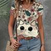 Summer Women's Casual Loose Short Sleeve Cat Graphic Comic Top Fashion V-neck Clothing Elegant T-shirt Clothing