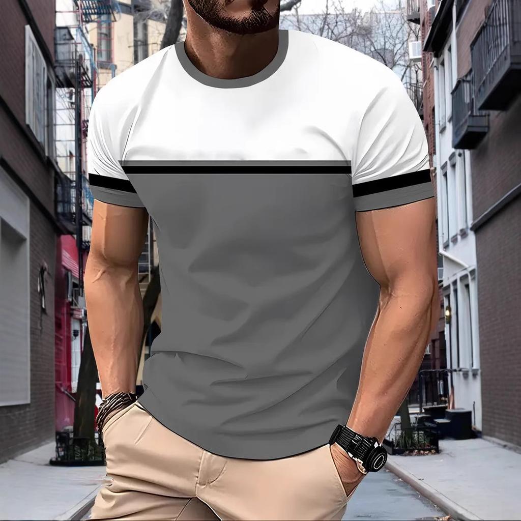 Summer Round Neck Striped Contrasting 3D Print Top Fashionable Casual Simple Short Sleeved Men's T-shirts