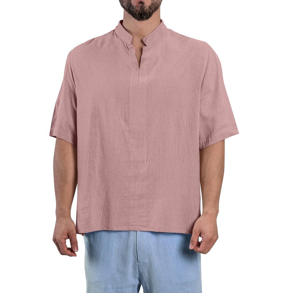 Мужские летние однотонные топы из хлопка и льна с V-образным вырезом и рукавами-пять точек, повседневные модные топы для мужчин