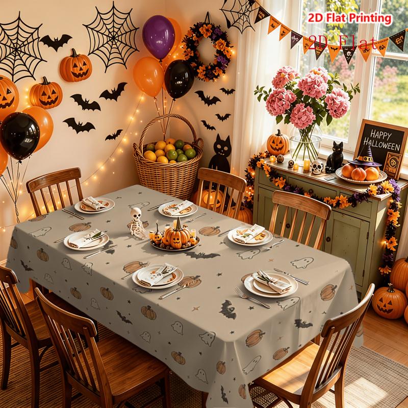 2D Flat 1pc Tablecloth, Halloween-themed Tablecloth, Patterned with Pumpkin,, Bat, Stars and Cross-star Embellishments, Suitable for Kitchen Tables, R