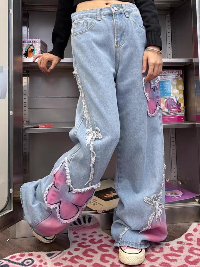 Женские летние джинсы с высокой талией в стиле ретро с широкими штанинами и принтом бабочек 2024