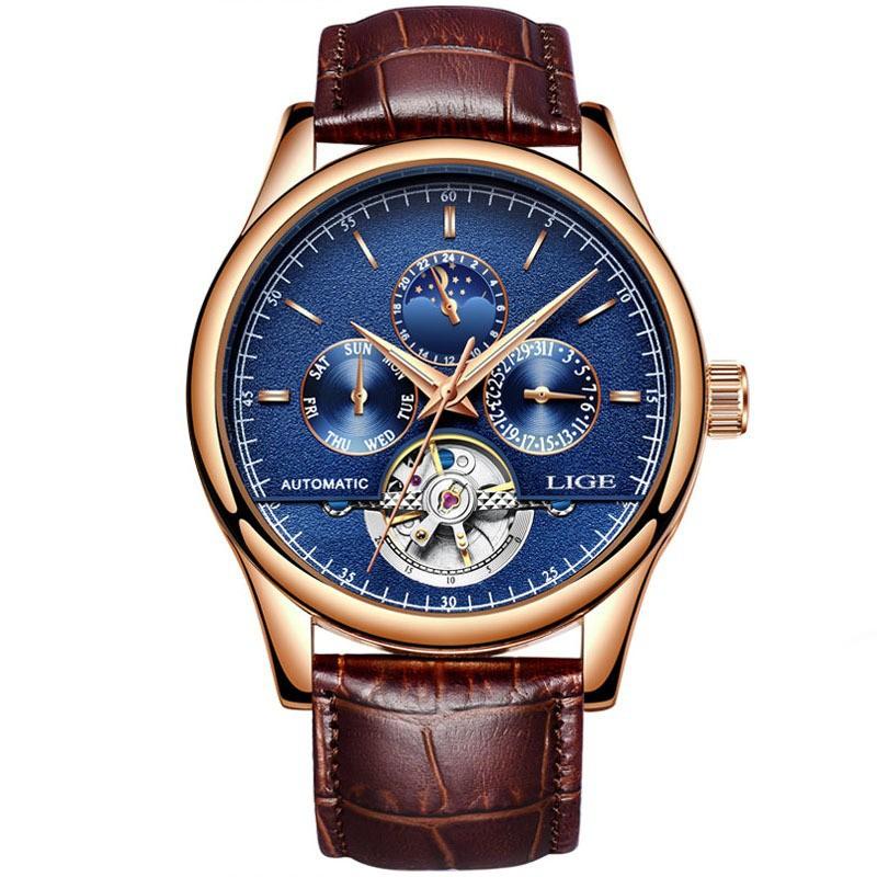 LIGE Men's Automatic Mechanical Watch Leather Waterproof Multi-Function Sports Tourbillon Wristwatch