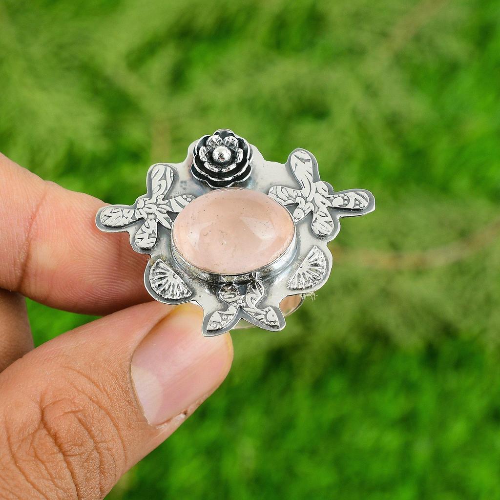 Gift For Her 925 Silver Natural Rose Quartz Stackable Flower Adjustable Ring