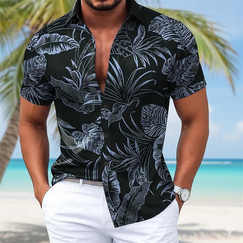 Summer Lightweight Men's Collared Shirt, Gradient Wavy Print, Stylish Casual Vacation Loose Hawaiian Style Men's Shirt, XS-6XL