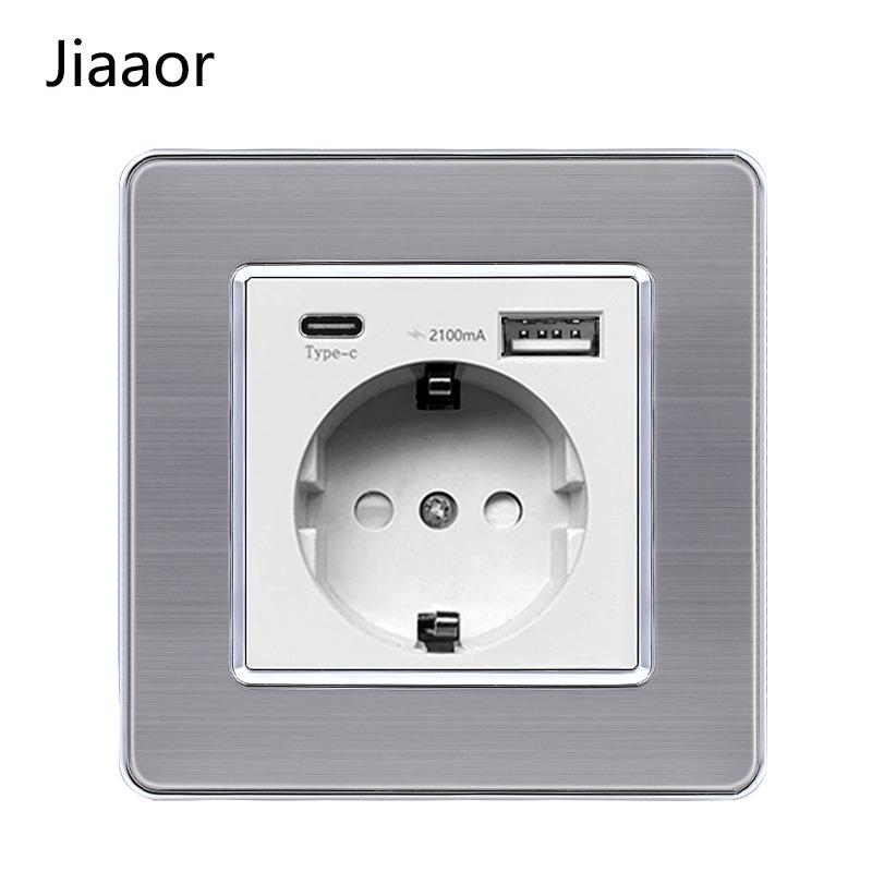 Европейский стандарт 86 тип Панель из нержавеющей стали для двойного выключателя и розетки с USB-C, Немецкий стиль, Встраиваемый настенный монтаж.