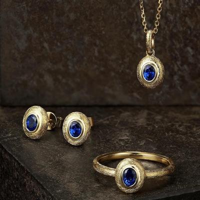 Изысканный ювелирный набор с сапфирами в ретро-стиле: Регулируемое кольцо, серьги-пусеты, ожерелье для женщин