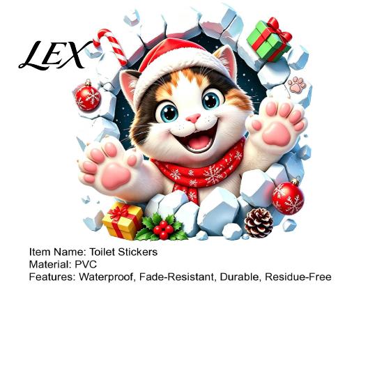 Moisture Proof Bathroom Accessories Christmas Cat Toilet Seat Decal, 3D Break Through Wall Cute Kitten Removable PVC Decorations Tank Sticker,
